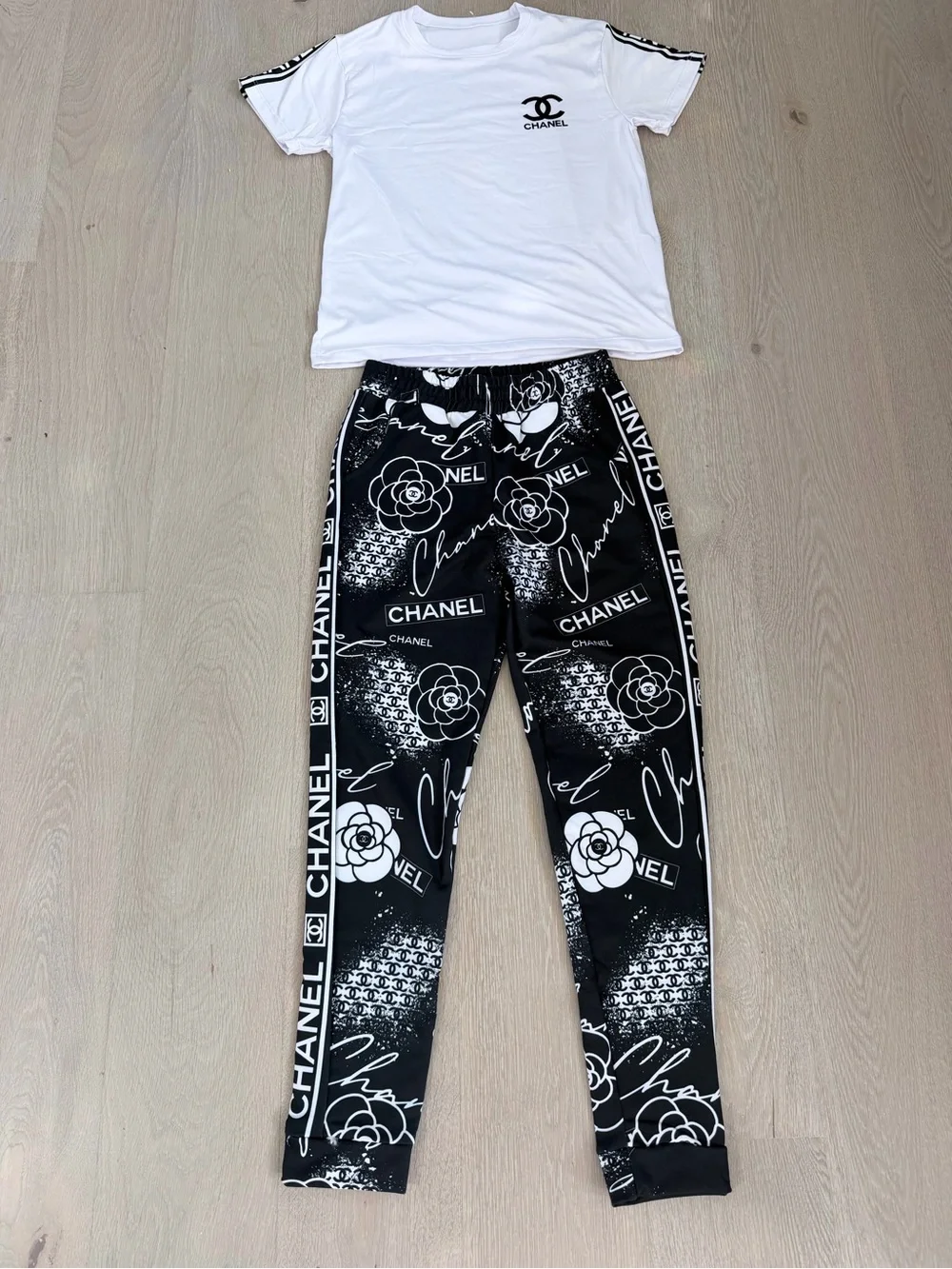 CHANEL White Tee with Black Logo & Black Printed Track Pants size S/M